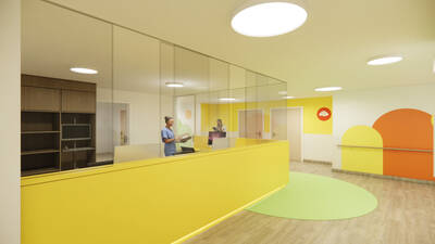 Realistische Visualisierung einer Station auf einer Kinderklinik mit weißen, gelben und orangenen Wänden