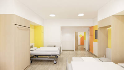 Realistische Visualisierung einer Inneneinrichtung einer Zimmers in einer Kinderklinik mit weißen, gelben und orangenen Wänden