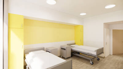 Realistische Visualisierung eines Krankenzimmers mit weißen und gelben Wänden