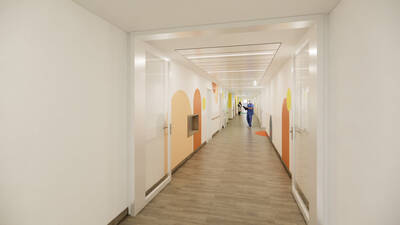 Realistische Visualisierung eines langen Flurs einer Kinderklinik-Station in bunten Farben