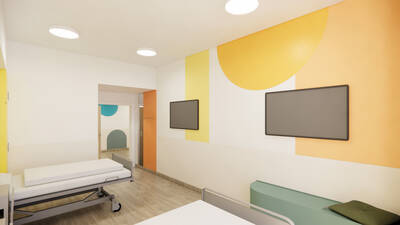 Realistische Visualisierung einer Inneneinrichtung einer Zimmers in einer Kinderklinik mit weißen, gelben und orangenen Wänden