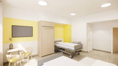 Realistische Visualisierung eines Krankenzimmers mit weißen und gelben Wänden
